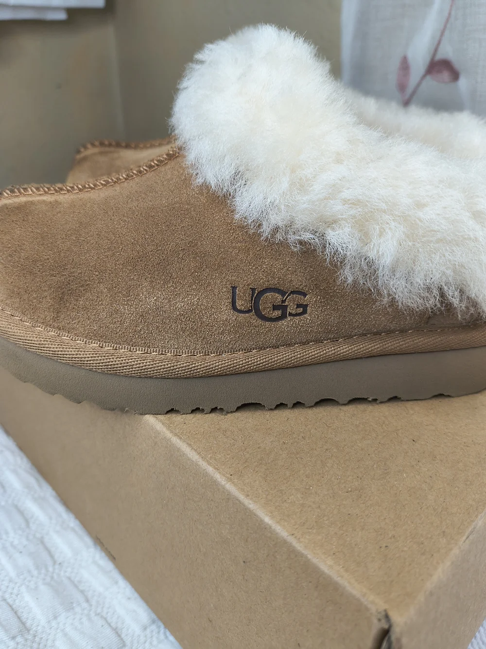 UGG Chestnut Brown Suede Plush Cuff Kids Slide Slippers